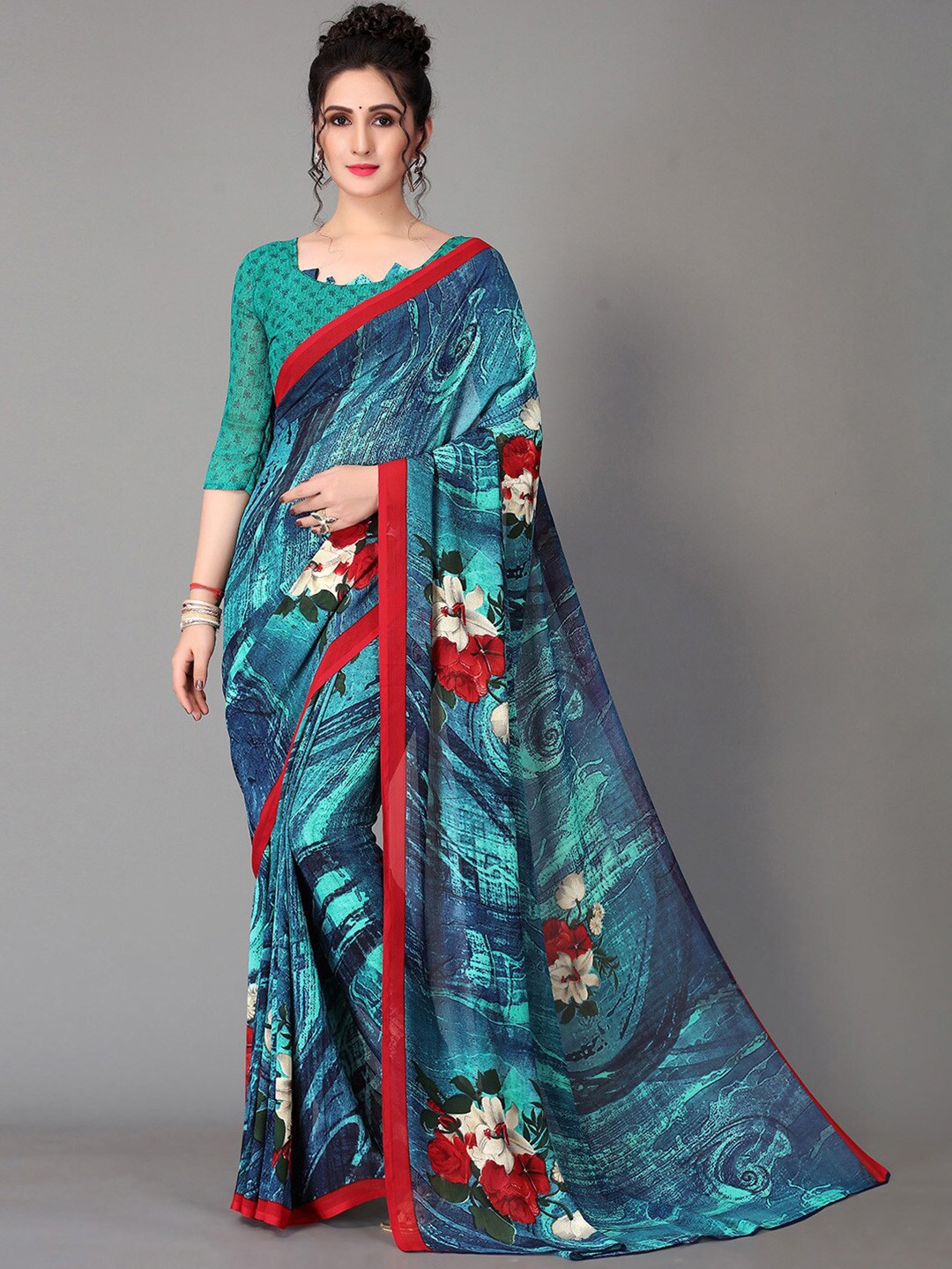 

GORGONE Floral Printed Saree, Blue