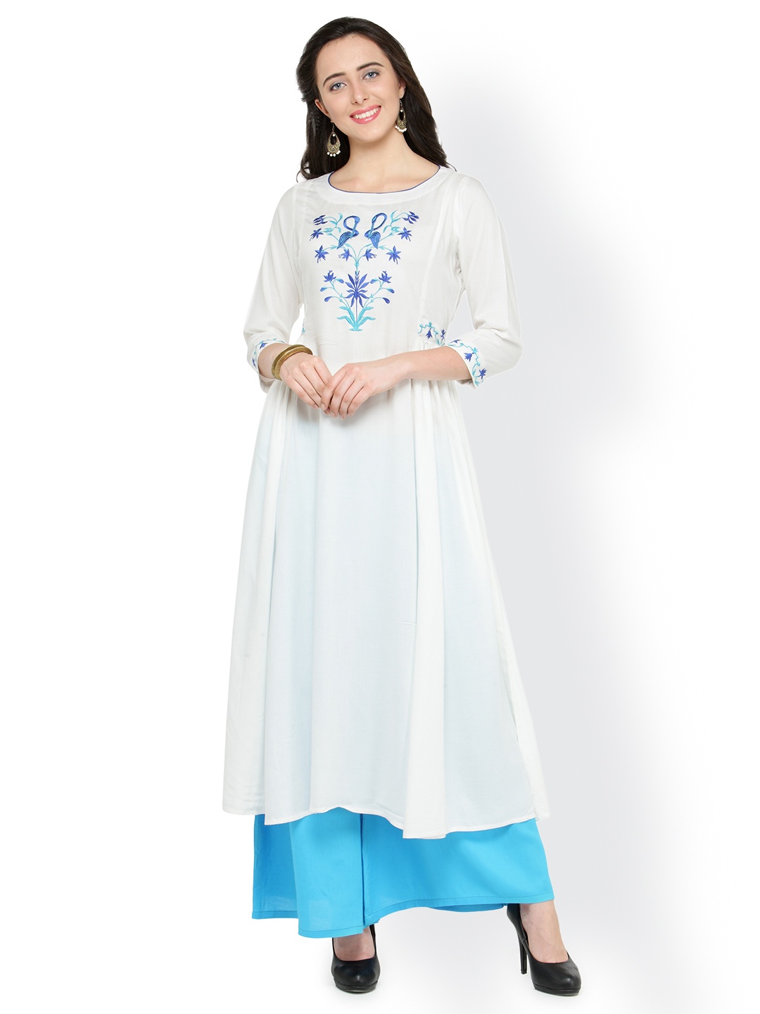 

Bitterlime Women White Embroidered A-Line Kurta