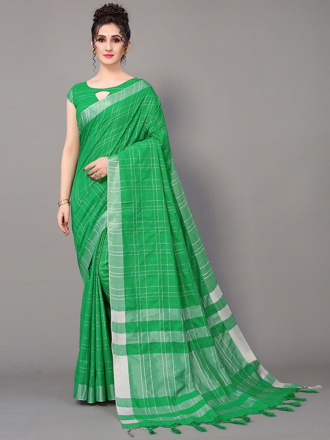 

GORGONE Checked Zari Saree, Green