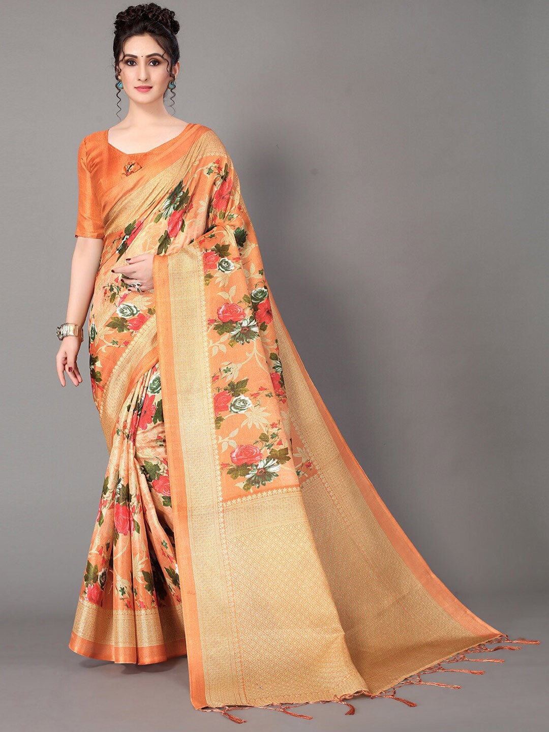 

GORGONE Floral Silk Blend Saree With Tassel, Orange