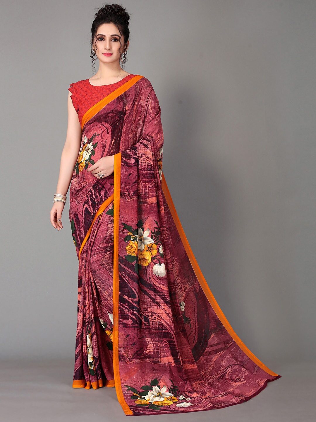 

GORGONE Floral Printed Poly Georgette Saree, Pink