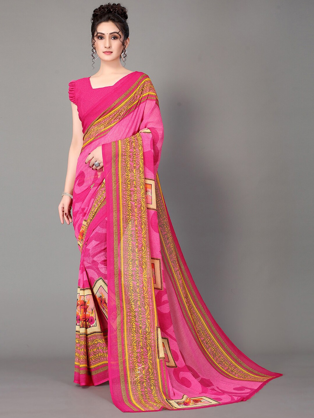 

GORGONE Floral Printed Poly Georgette Saree, Pink