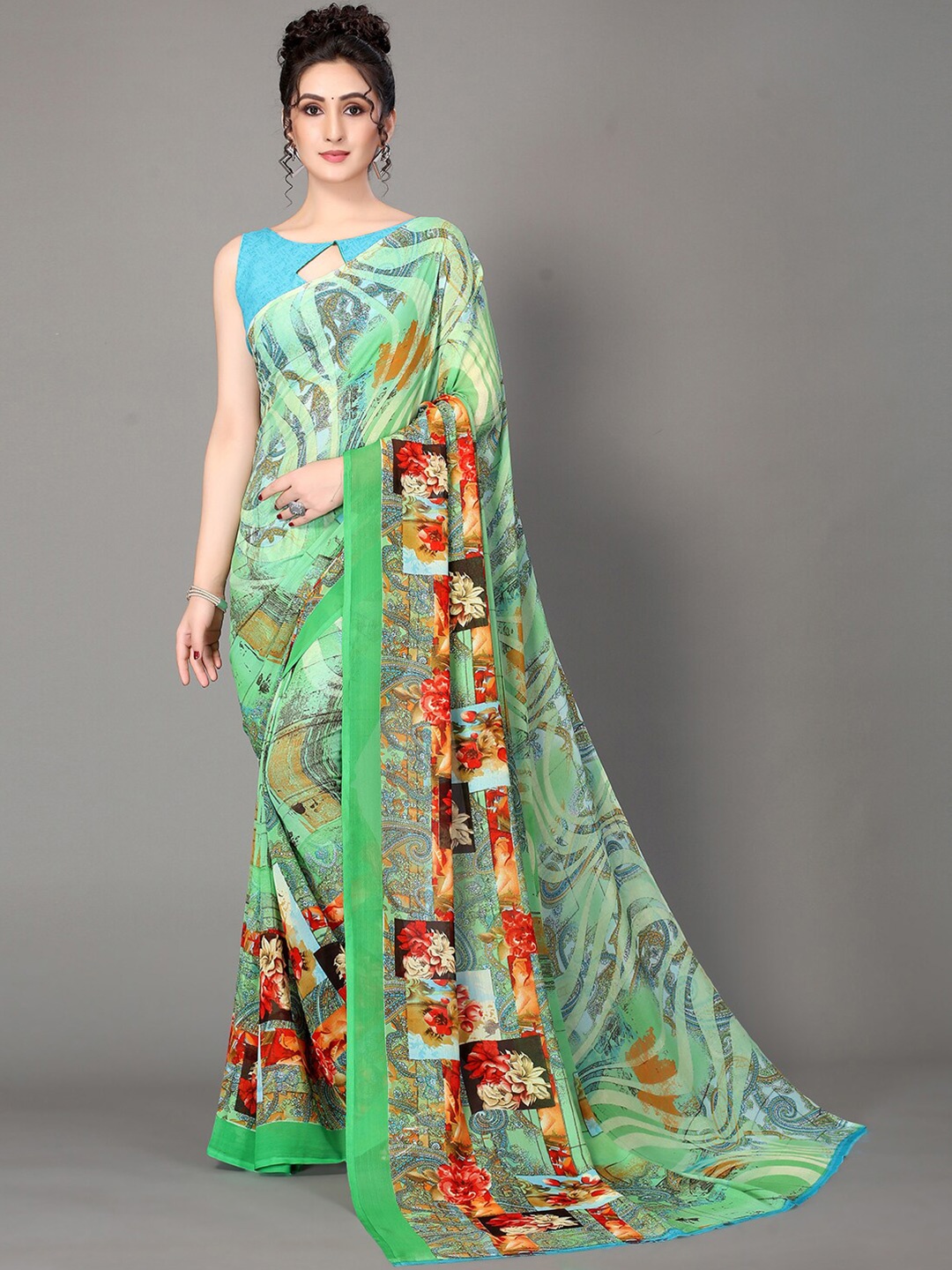 

GORGONE Floral Printed Georgette Saree, Green