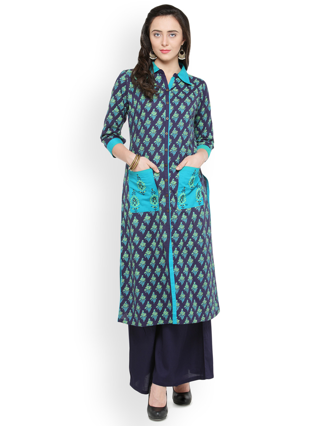 

Bitterlime Women Navy Blue Block Print Straight Kurta
