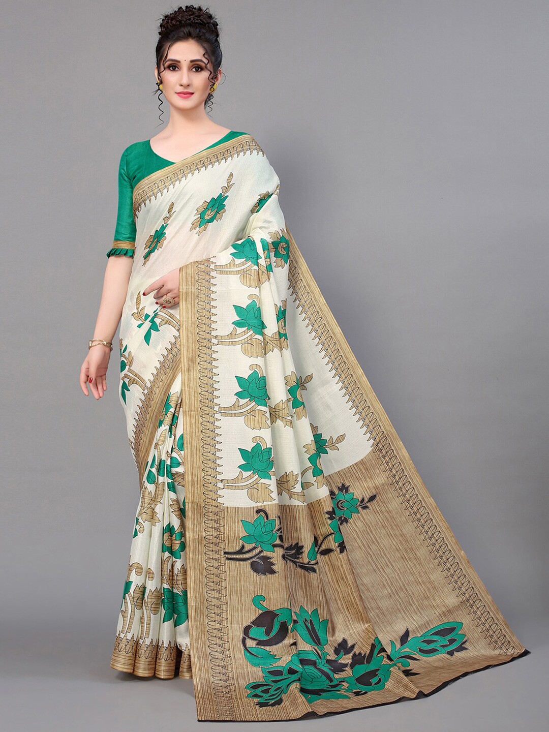 

GORGONE Floral Printed Saree, White