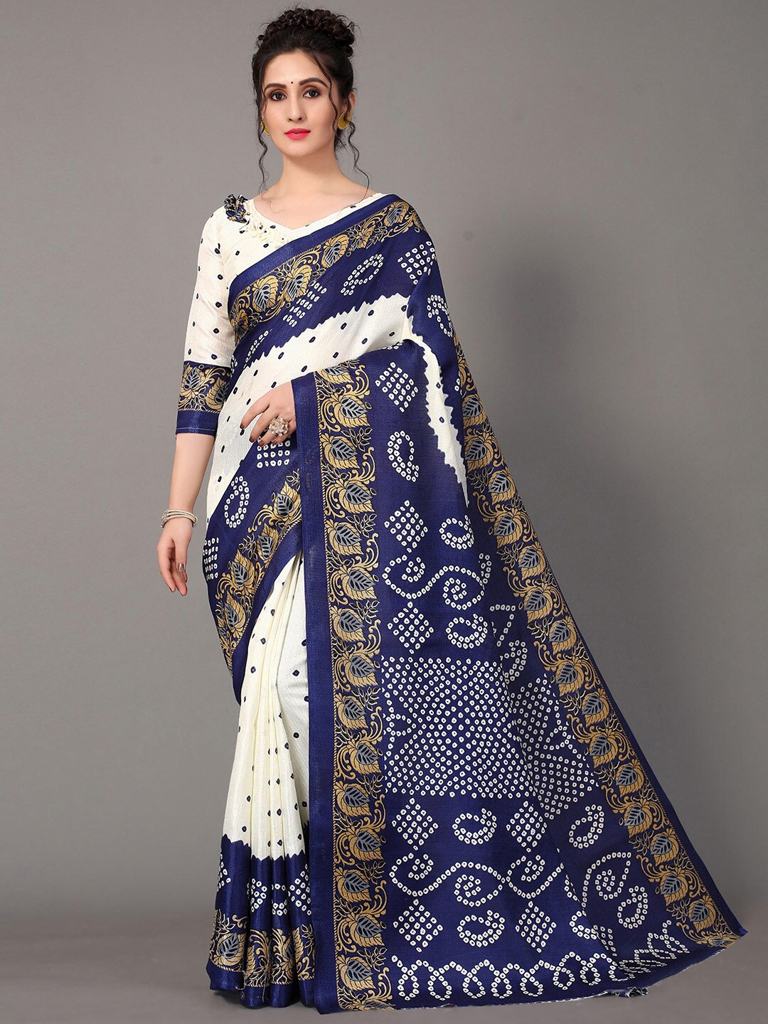 

GORGONE Bandhani Printed Silk Blend Saree, White