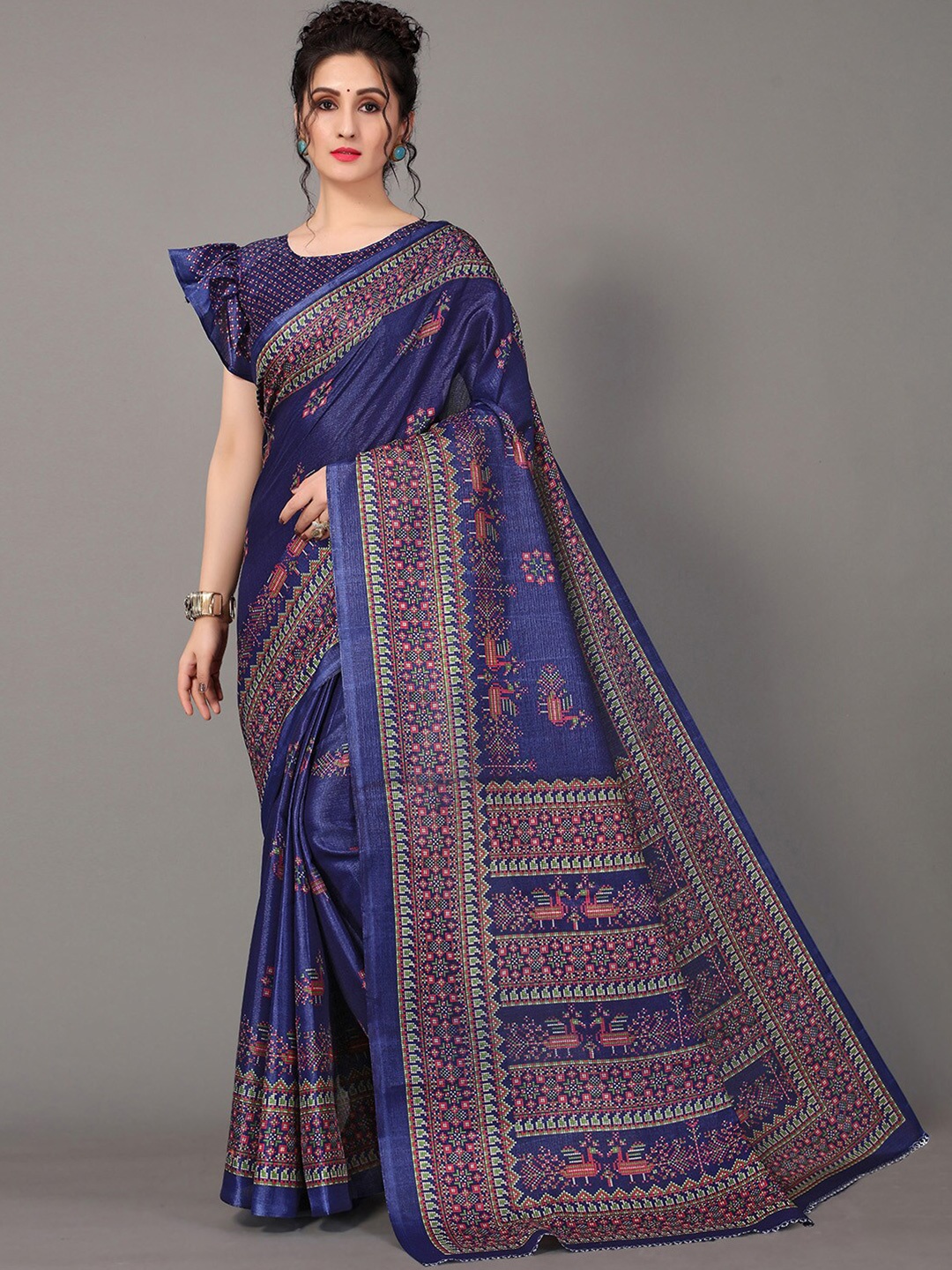 

GORGONE Ethnic Motifs Embroidered Patola Saree, Blue