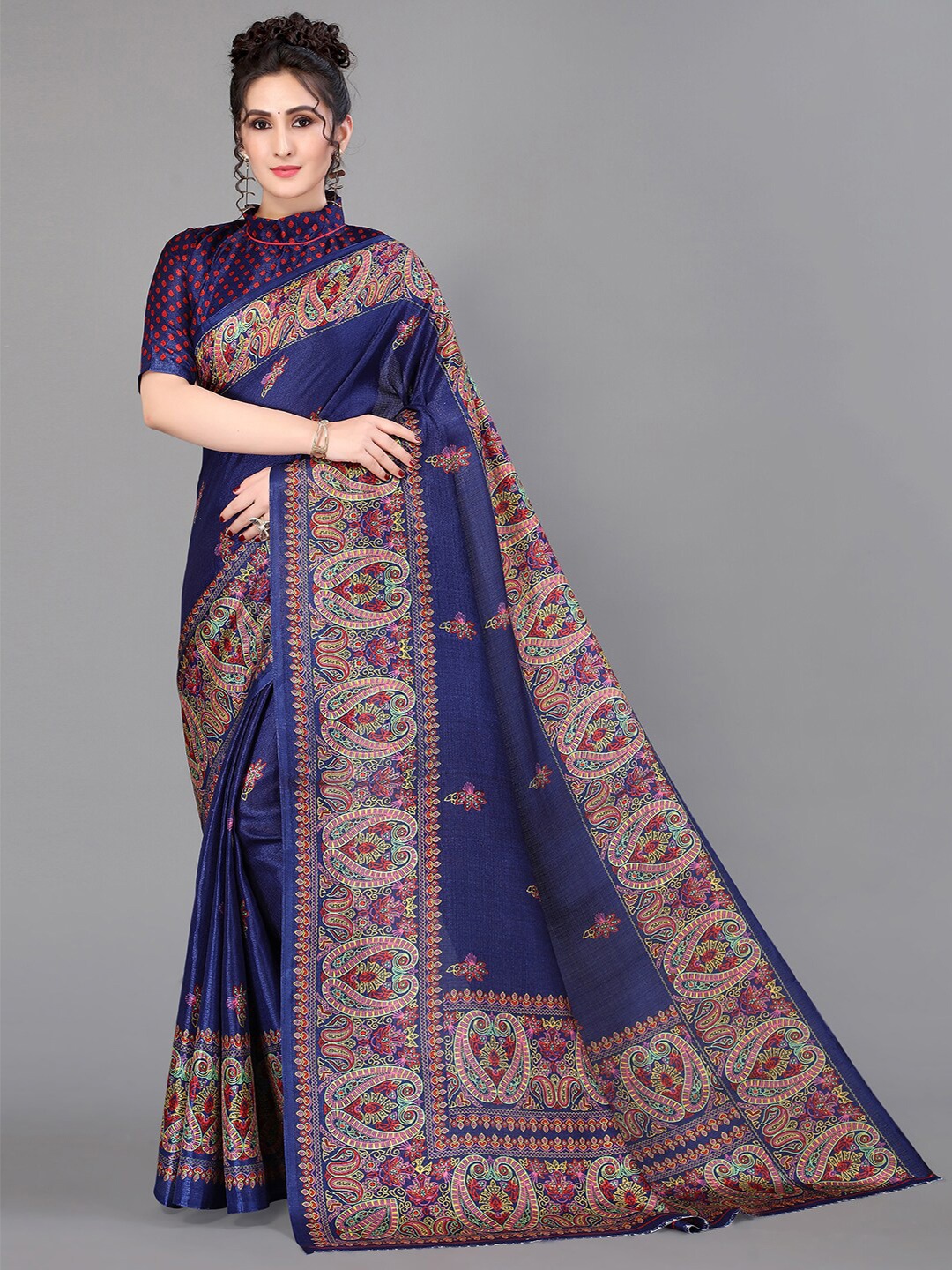 

GORGONE Ethnic Motifs Printed Saree, Navy blue