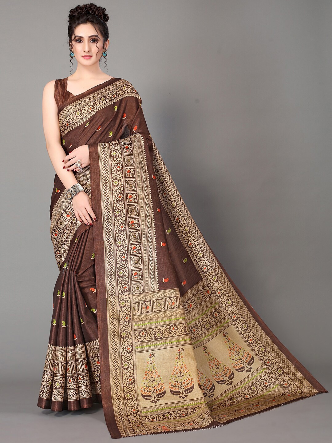 

GORGONE Paisley Printed Silk Blend Saree, Brown