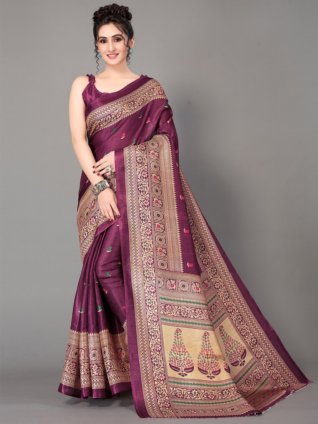 

GORGONE Paisley Printed Silk Blend Saree, Purple