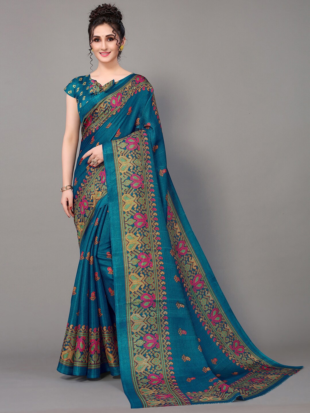 

GORGONE Ethnic Motifs Printed Silk Blend Patola Saree, Teal
