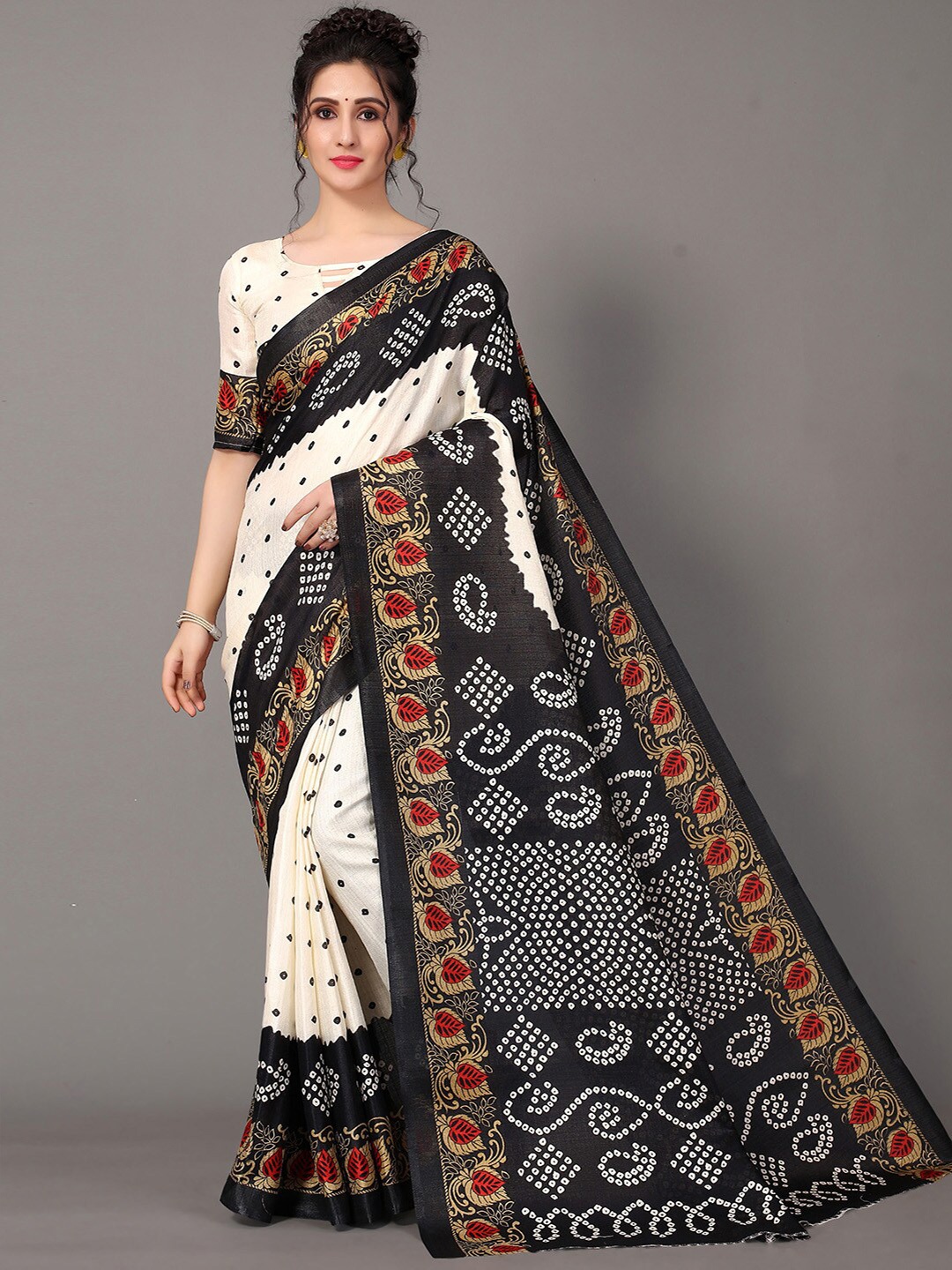 

GORGONE Bandhani Printed Silk Blend Saree, White