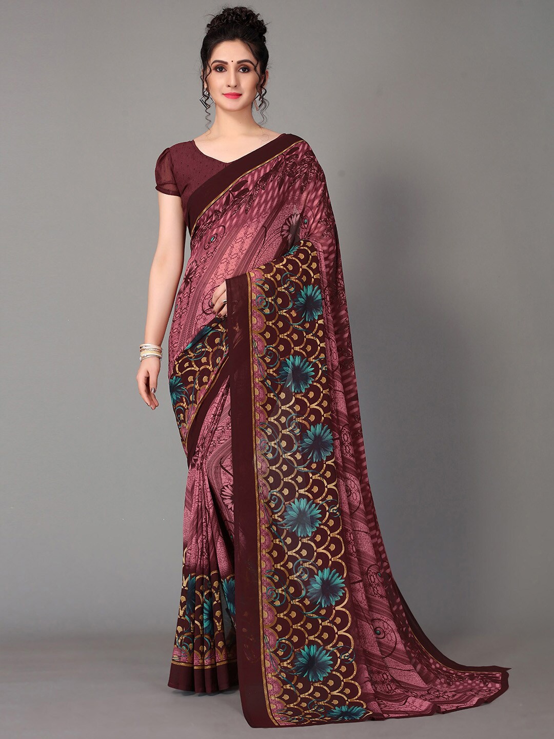 

GORGONE Floral Printed Poly Georgette Saree, Pink