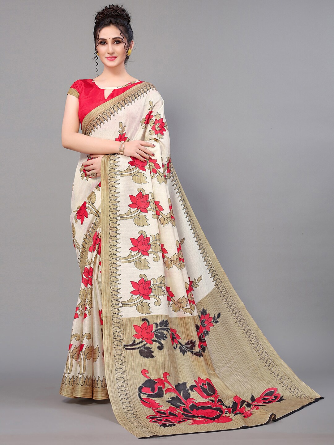 GORGONE Floral Printed Saree, White
