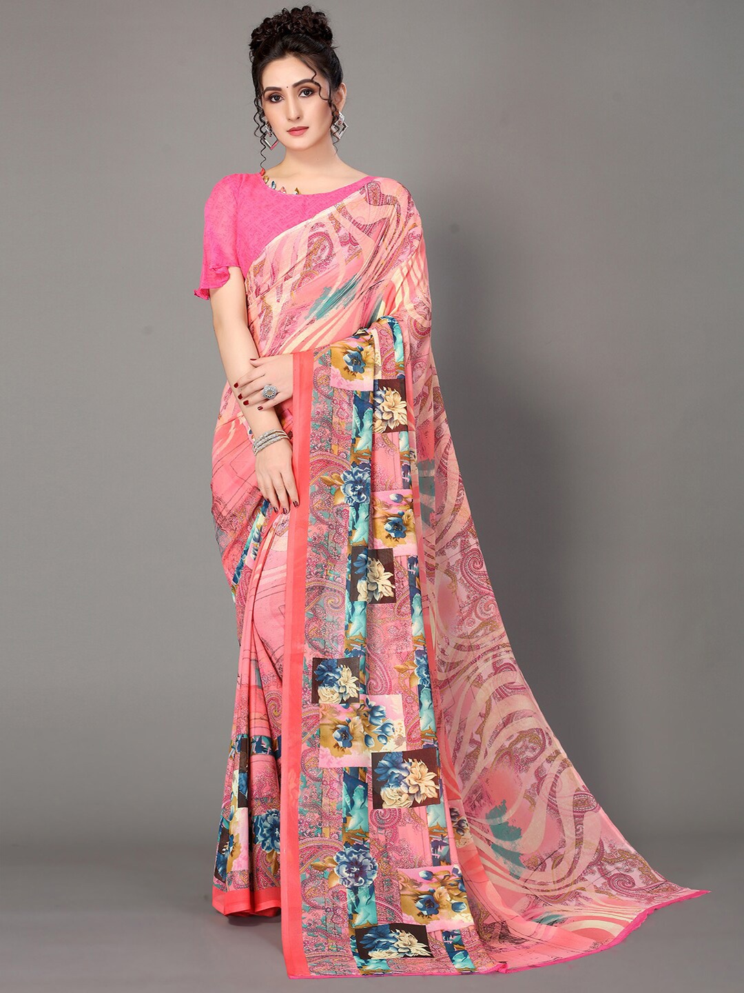 

GORGONE Floral Printed Saree, Pink