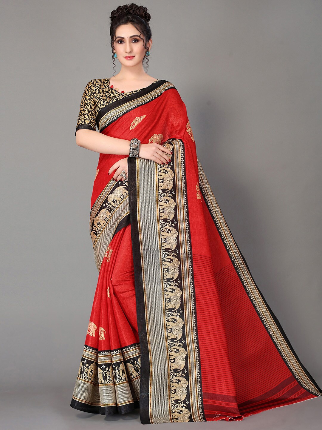 

GORGONE Ethnic Motifs Printed Silk Blend Saree, Red