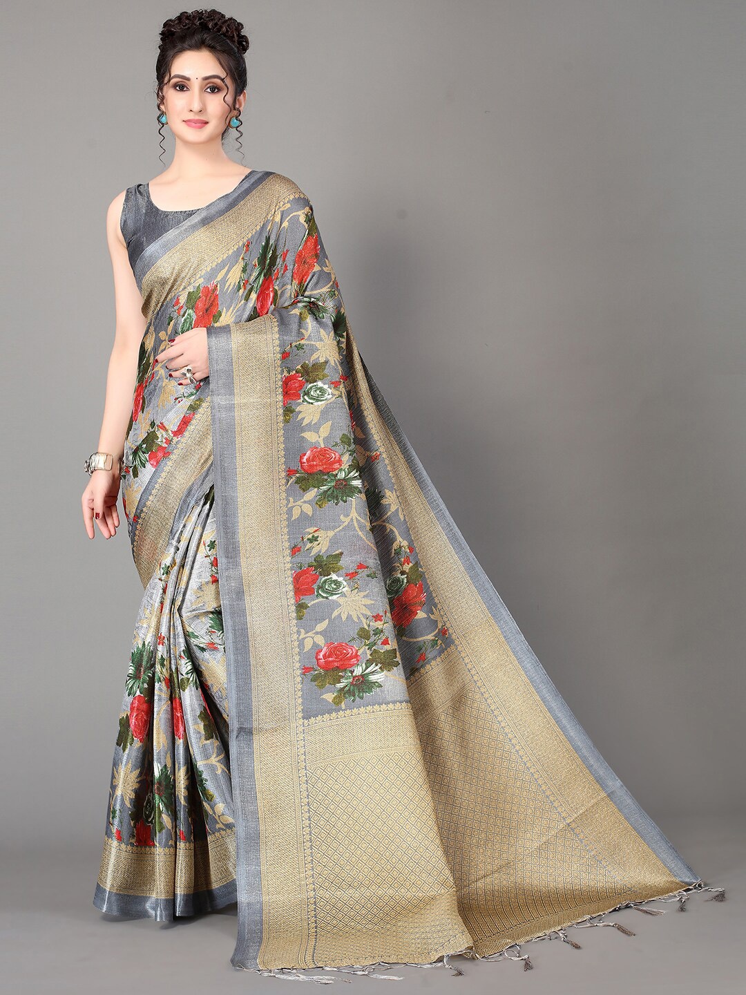 

GORGONE Floral Printed Saree, Grey