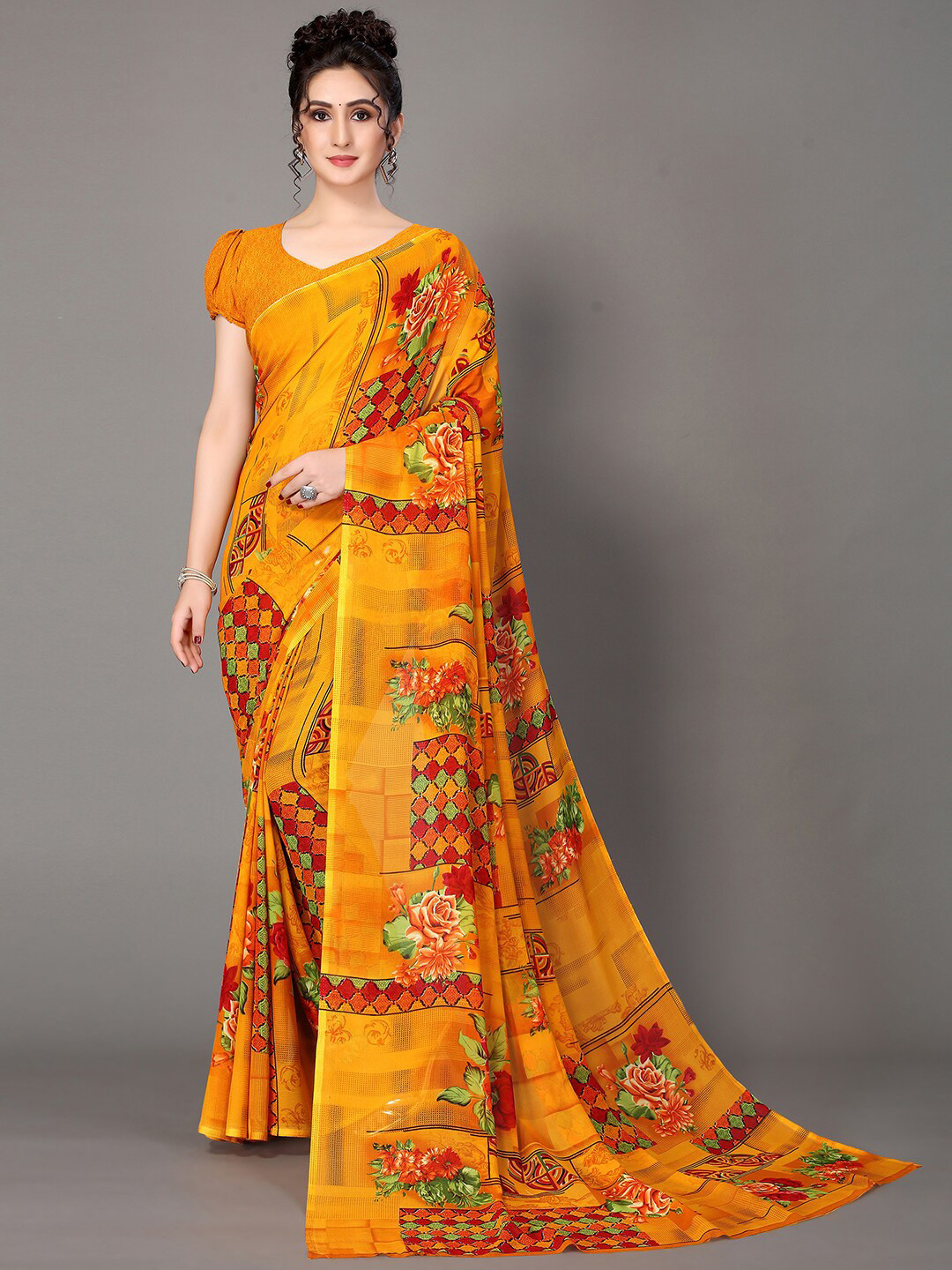 

GORGONE Floral Printed Saree, Yellow