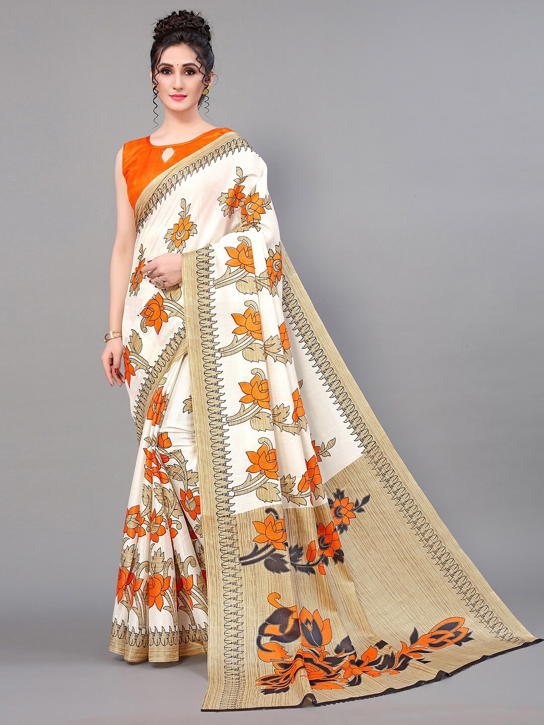 

GORGONE Floral Printed Silk Blend Saree, White