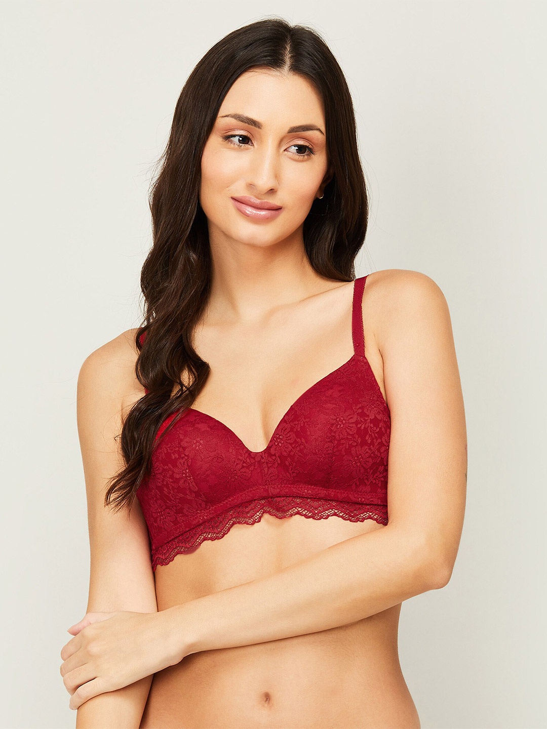 

Ginger by Lifestyle Floral Lace Non Padded Non-Wired Medium Coverage UV Protection Bra, Red