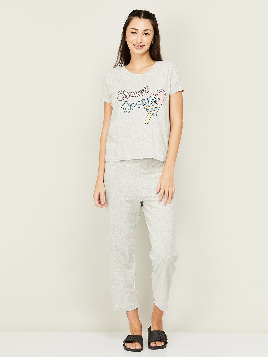 

Ginger by Lifestyle Typography Printed Pure Cotton Night Suit, Grey melange