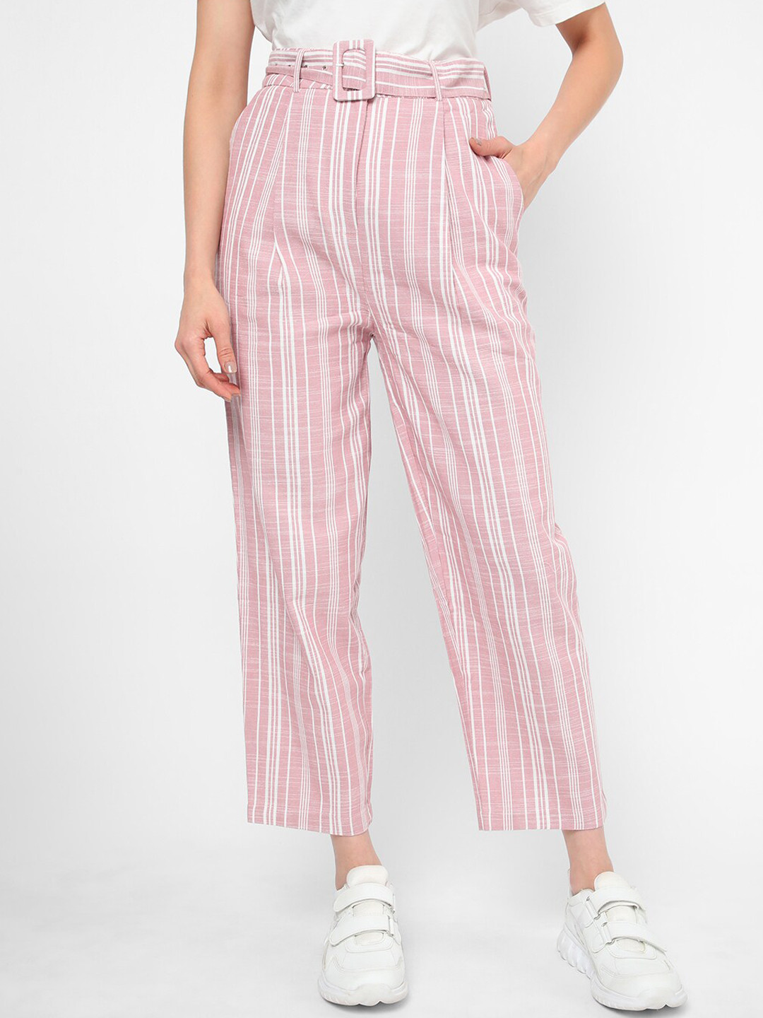

R&B Women Striped Mid-Rise Straight Fit Pleated Cotton Trousers, Pink