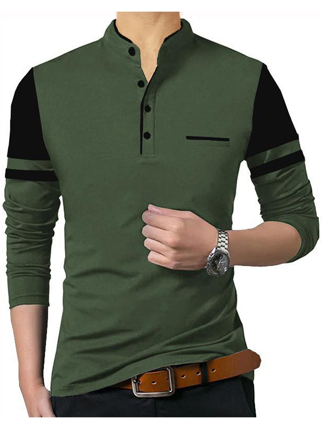 

TRIPR Henley Neck Slim Fit Cotton T-Shirt, Green
