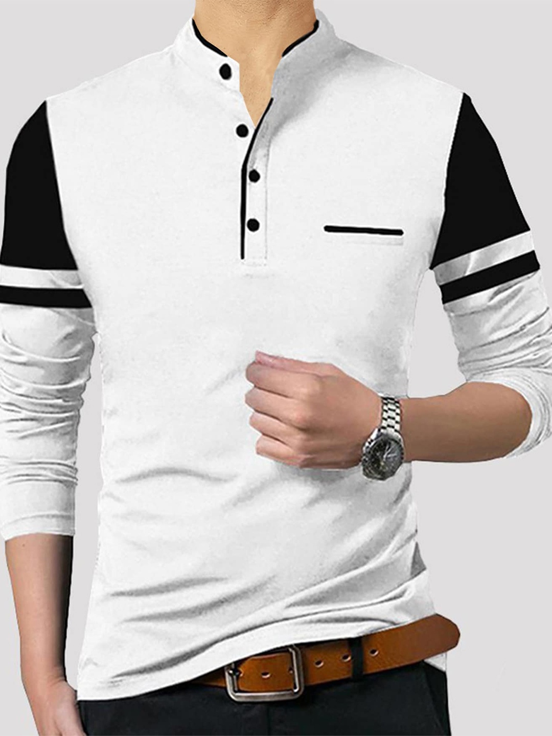 

TRIPR Mandarin Collar Long Sleeves Cotton T-shirt, White