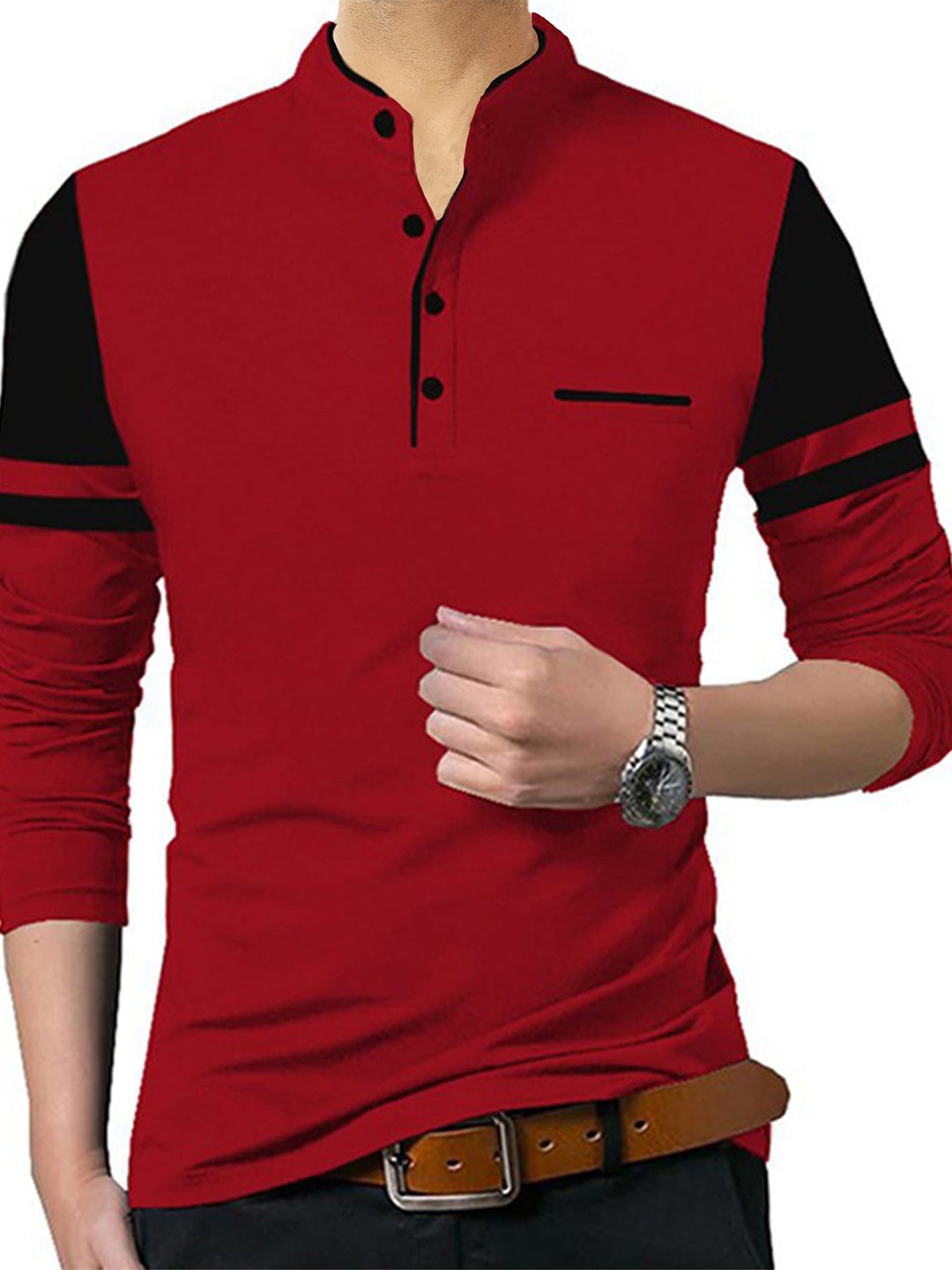 

TRIPR Colourblocked Mandarin Collar Long Sleeves Cotton T-Shirt, Red