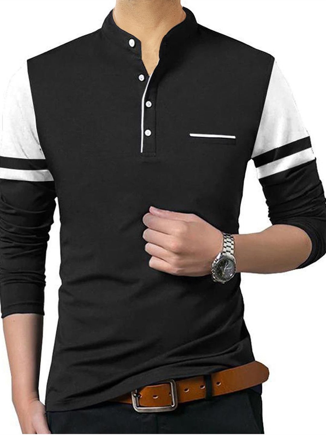 

TRIPR Mandarin Collar Colourblocked Cotton T-shirt, Black
