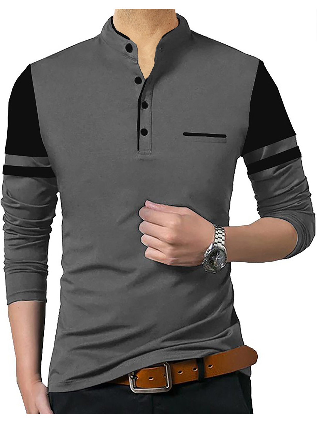 

TRIPR Henley Neck Slim Fit Cotton T-Shirt, Grey