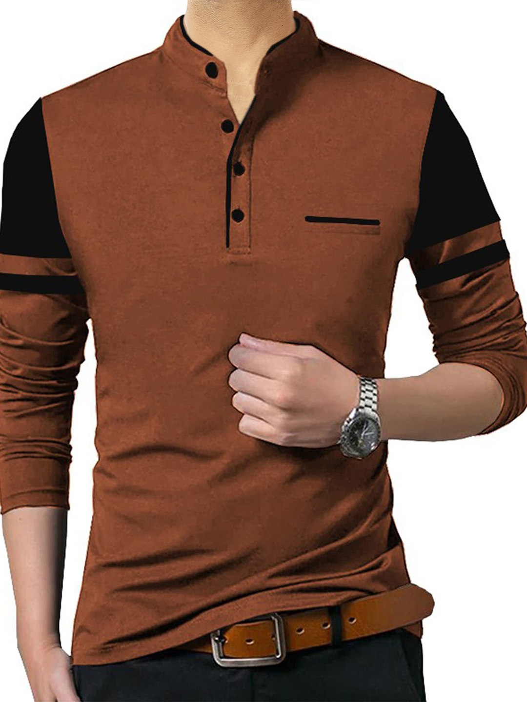 

TRIPR Mandarin Collar Cotton T-shirt, Brown