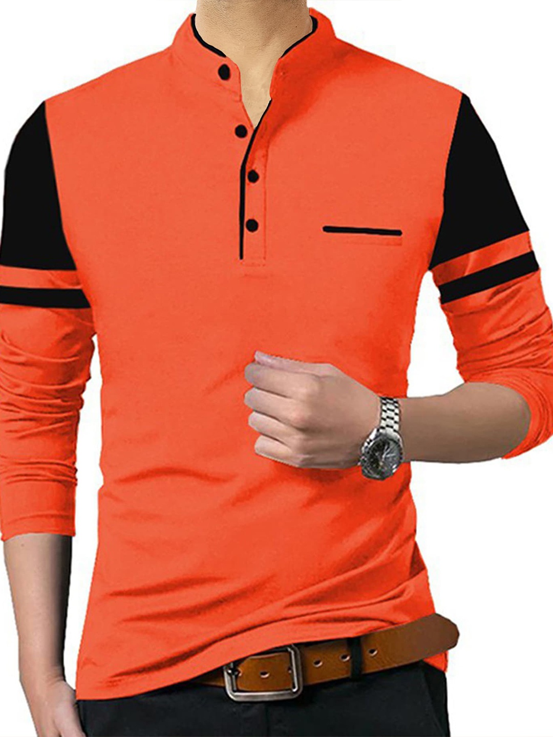 

TRIPR Mandarin Collar Long Sleeves Cotton T-shirt, Orange