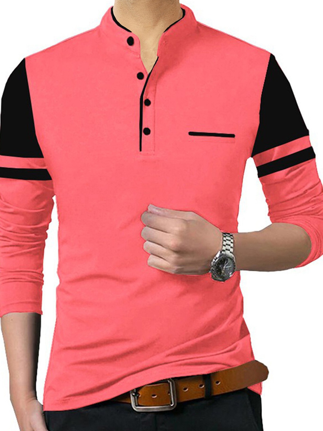 

TRIPR Colourblocked Mandarin Collar Cotton T-shirt, Pink