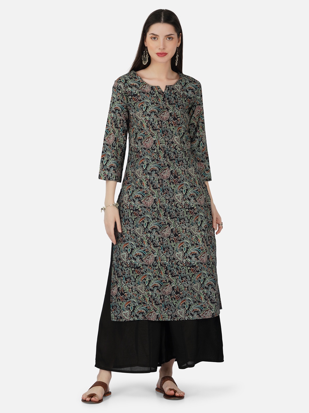 

SkyaSia Floral Printed Notched Neck Kurta With Palazzos, Black