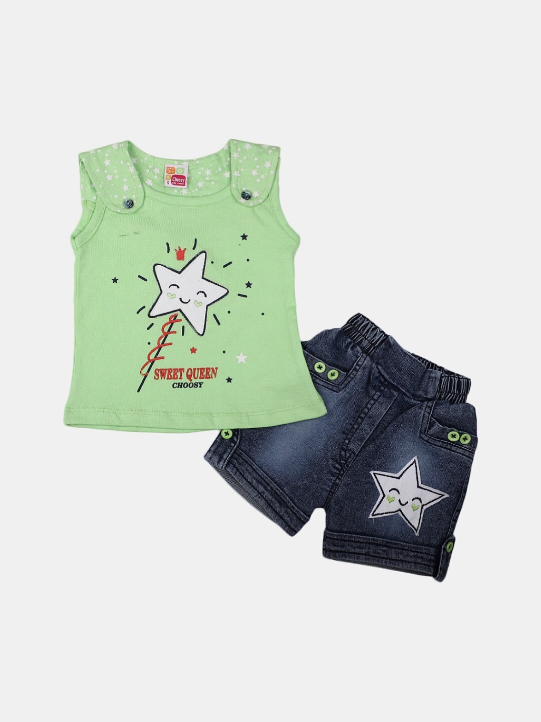 

V-Mart Infant Girls Printed Pure Cotton Top with Shorts, Green