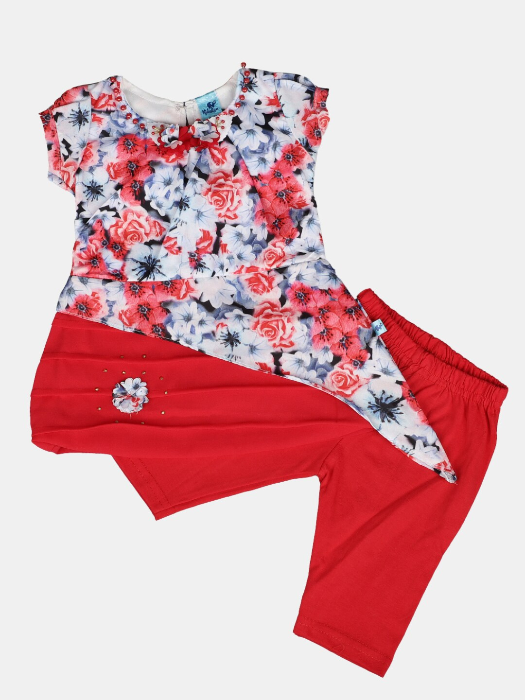 

V-Mart Infant Girls Printed Pure Cotton Top with Trousers, Red