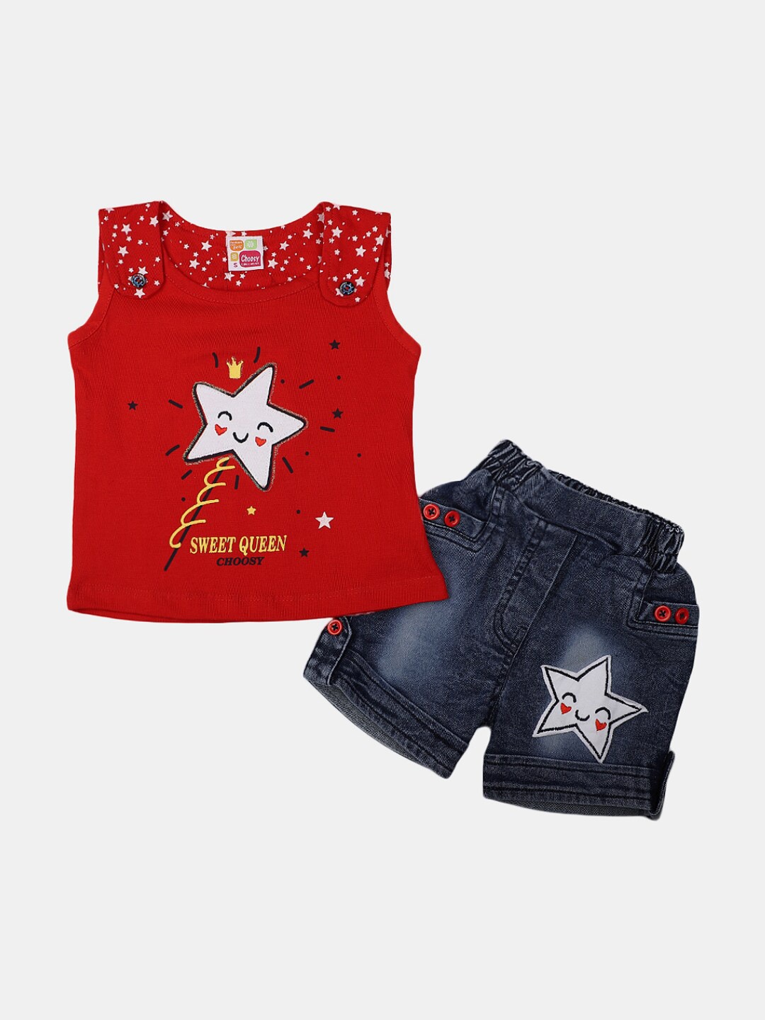 

V-Mart Infant Girls Printed Pure Cotton Top with Shorts, Red