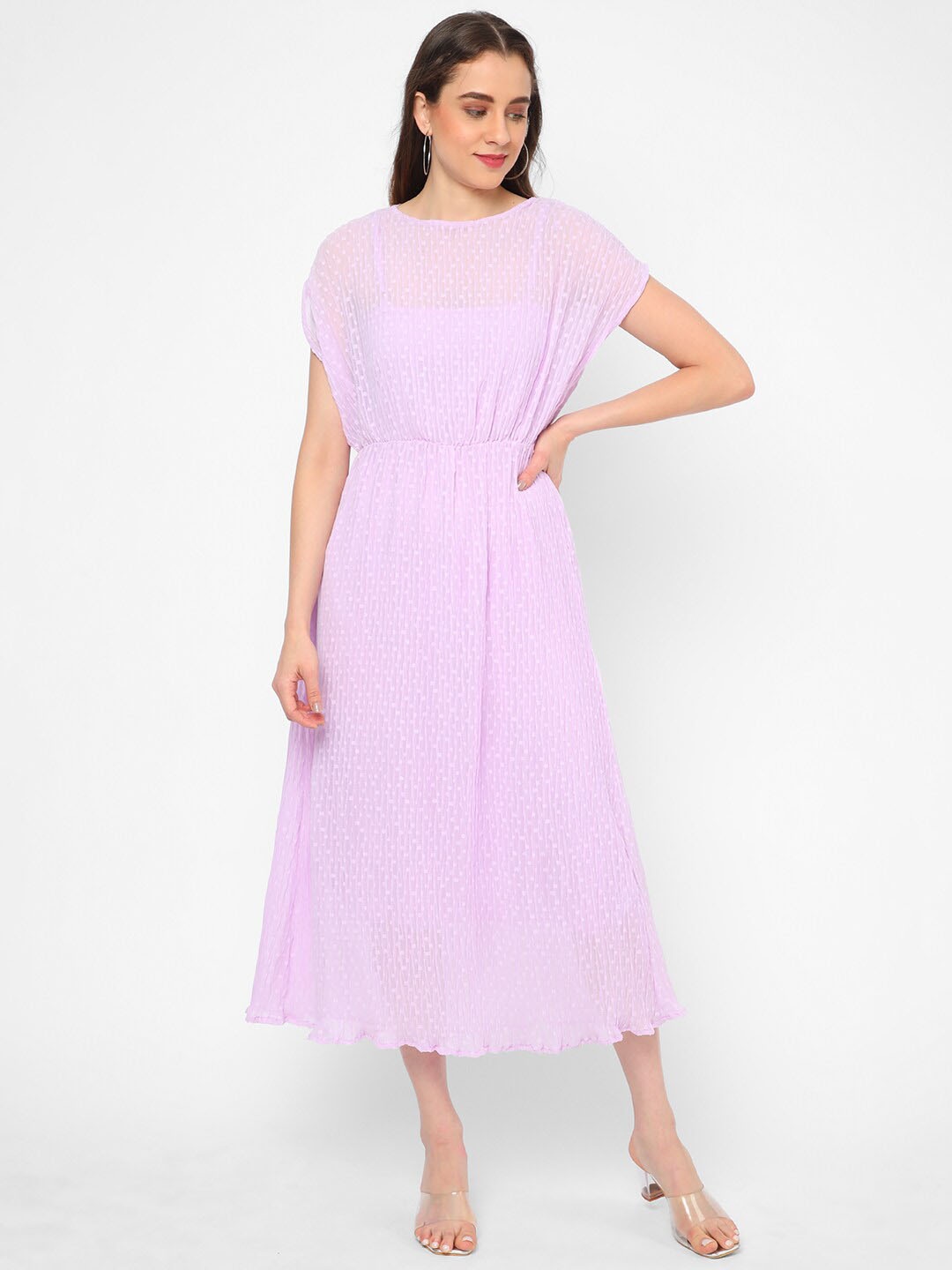 

R&B Self Design Extended Sleeves Fit & Flare Dress, Lavender