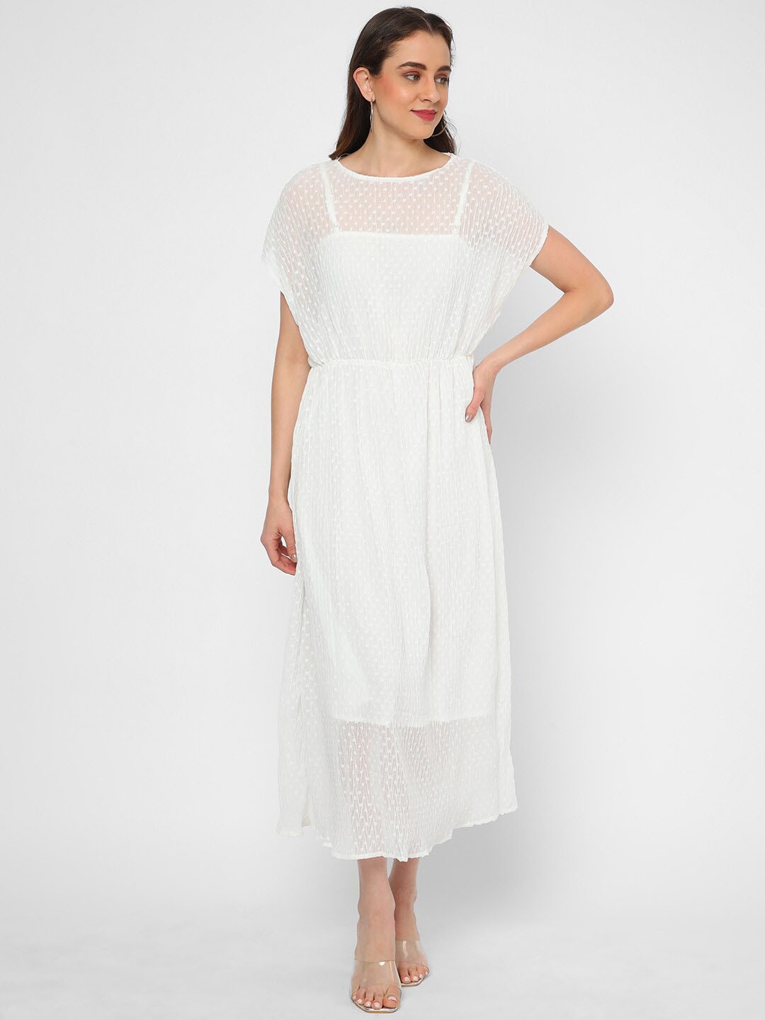

R&B Self Design Extended Sleeves Fit & Flare Dress, White