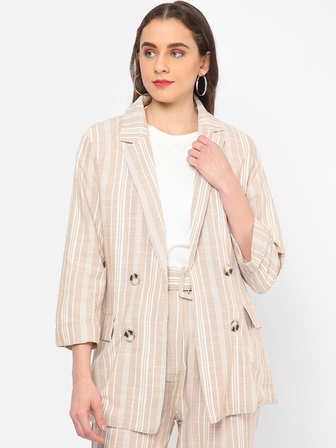 

R&B Striped Lapel Collar Cotton Open Front Jacket, Beige