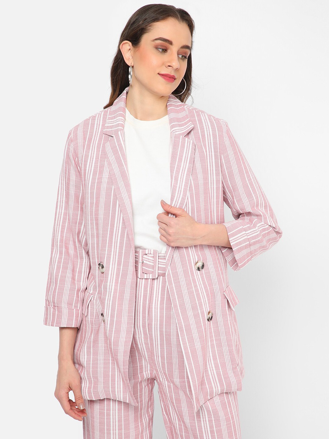 

R&B Striped Longline Cotton Tailored Jacket, Pink