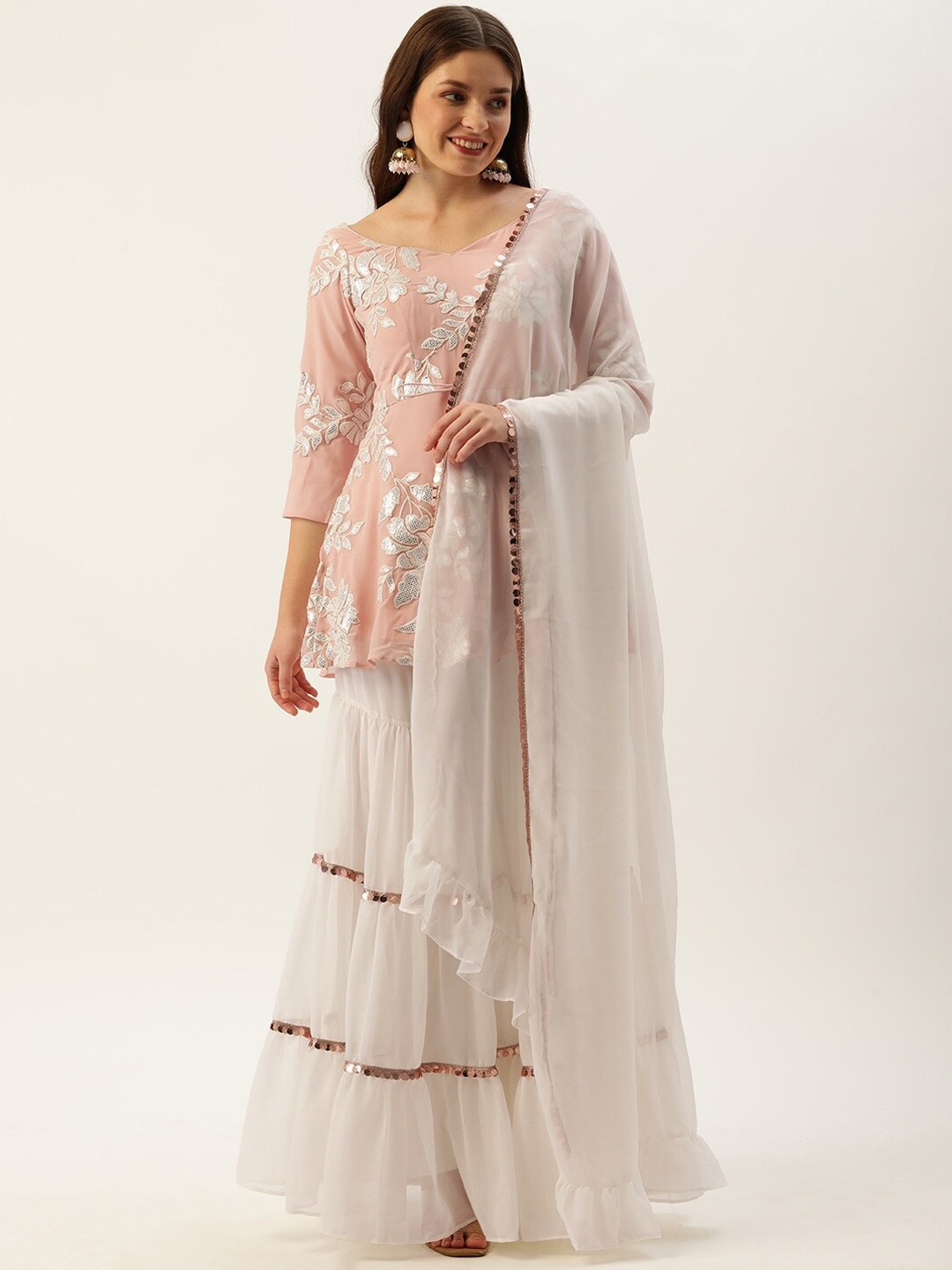 

Ethnovog Floral Embroidered Gotta Patti A-Line Kurti with Sharara & Dupatta, Peach