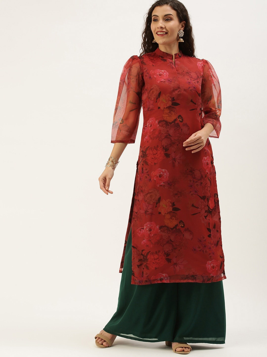 

Ethnovog Floral Printed Puff Sleeves Kurta with Palazzos, Red