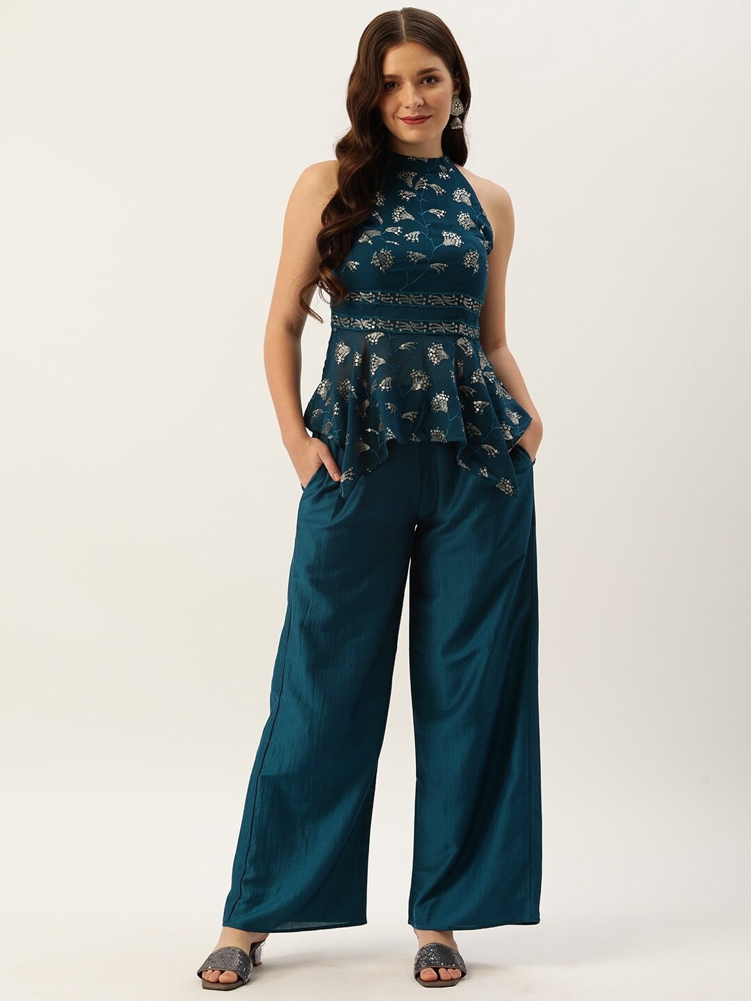 

Ethnovog Embroidered Sequinned Halter Neck A-Line Kurta with Palazzos, Teal