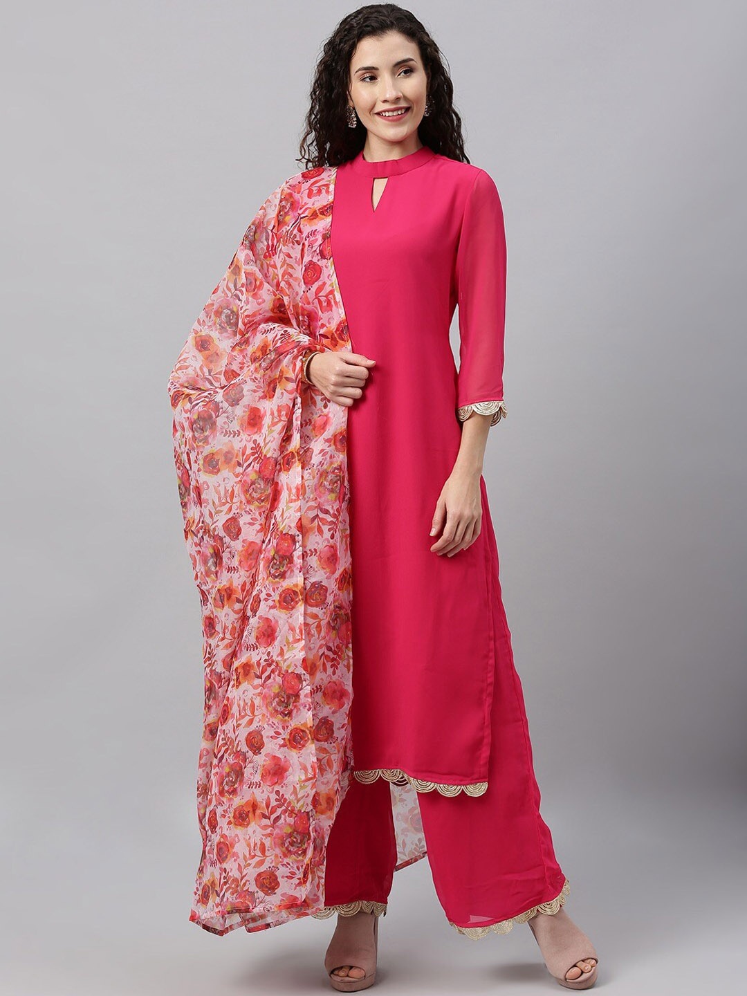 Ethnovog Keyhole Neck Scalloped Kurta with Palazzos & Dupatta, Pink