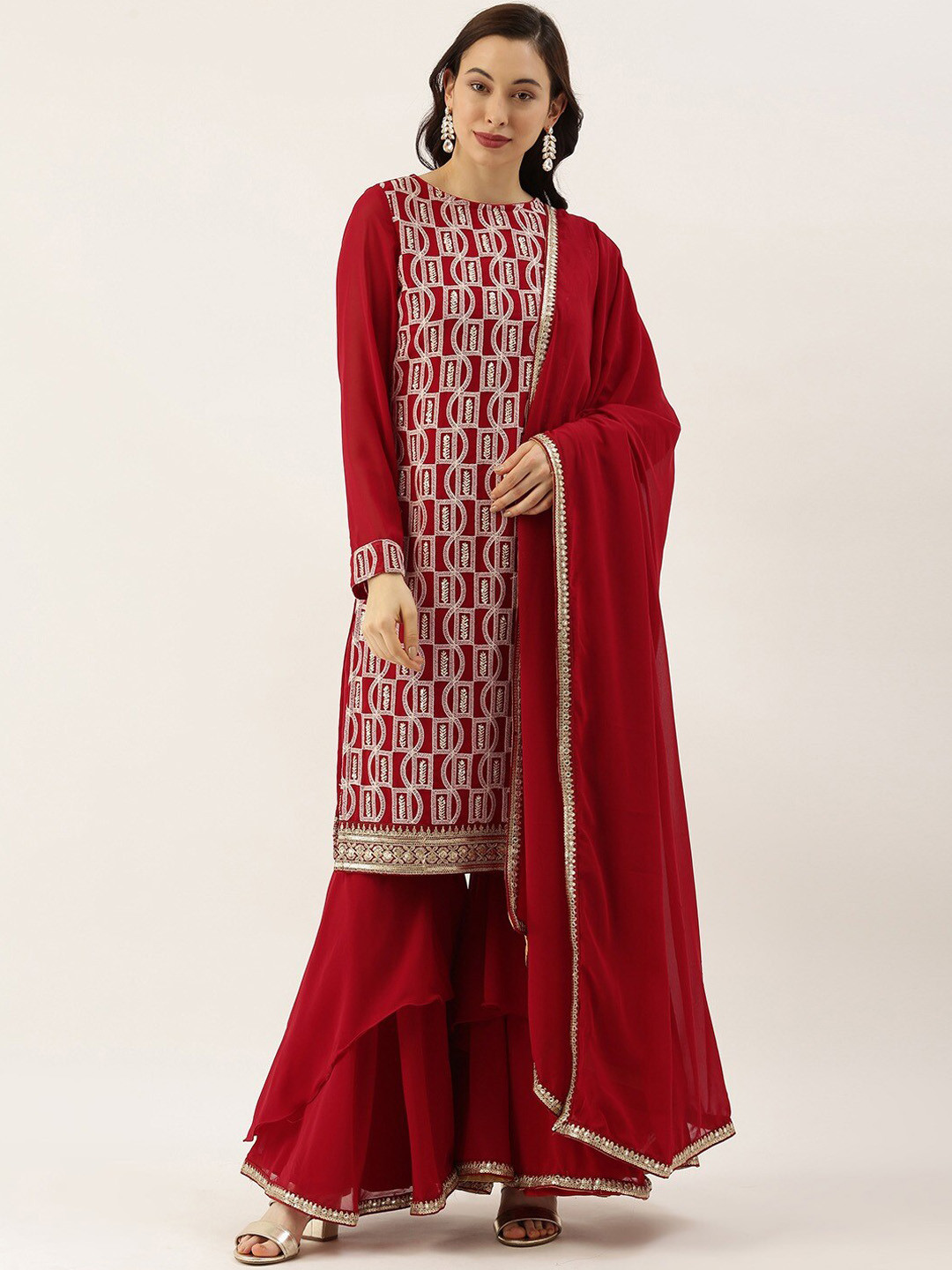 

Ethnovog Ethnic Motifs Embroidered Sequined Kurta With Sharara & Dupatta, Maroon