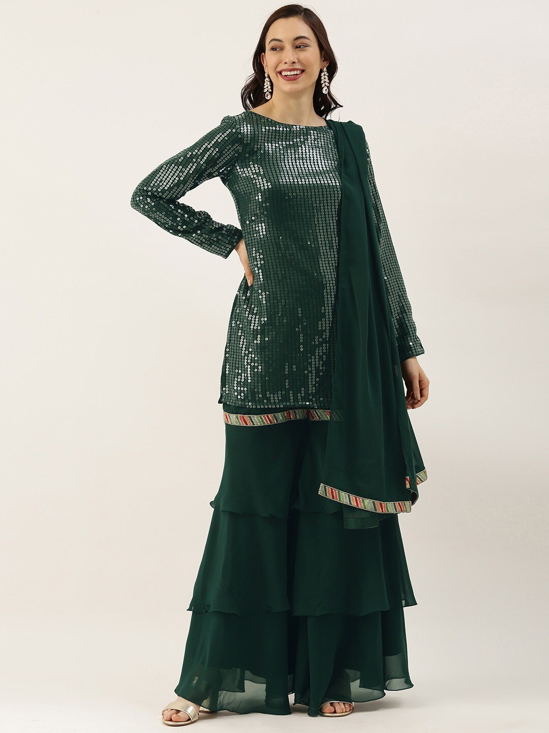 

Ethnovog Sequinned Boat Neck Kurti with Sharara & Dupatta, Green