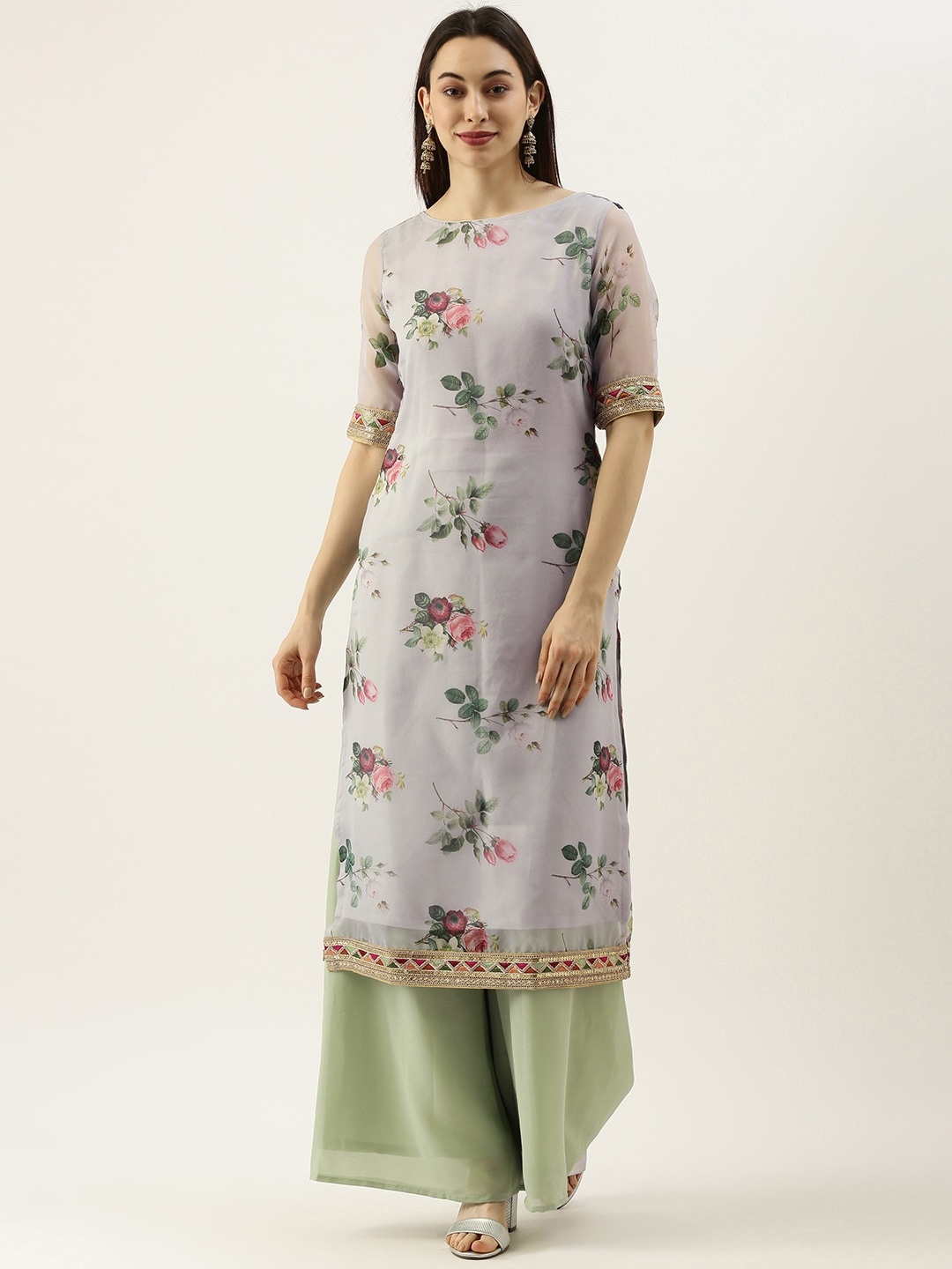 

Ethnovog Floral Printed Sequined Boat Neck Kurta with Palazzos, Lavender