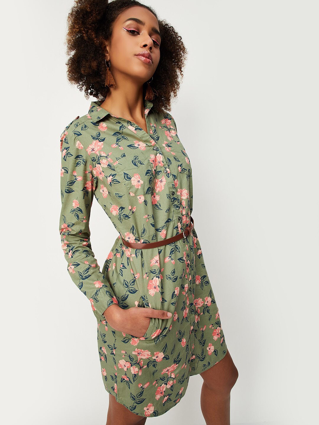 

max Floral Printed Roll-Up Sleeves Shirt Mini Dress With Belt, Sea green